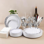Bestluck 700PCS Silver Plastic Dinnerware Set for 100 Guests, Disposable Plates for Party, Include 100 Dinner Plates, 100 Dessert Plates, 100 Set Silver Silverware, 100 Cups, 100 Napkins