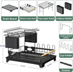 2 Tier Dish Drying Rack, Drying Rack with Automatic Drainboard, Dish Racks for Kitchen Counter, Rustproof Dish Drainer with Removable Utensil Holder, Cups Holder, Black