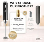 Zulay Kitchen Metal Rechargeable Milk Frother, 3 Whisk Attachments Handheld Frother Wand, 1800mAh USB-C Charging, Electric Drink Mixer for Protein, Matcha & Powders - One Charge Lasts up to 6 Months