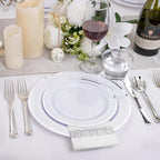 I00000 350Pcs Silver Plastic Dinnerware Set, Plastic Plates Disposable for 50 Guests Include: 100 Silver Rim Plates, 50 Paper Napkins, 50 Cups, 50 Plastic Silverware Set Perfect for Party & Wedding
