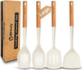 4PCS Silicone Cooking Spatula and Spoons Set, Nonstick Kitchen Utensils Set with Wood Handle, Heat Resistant Silicone Solid and Slotted Spatula Set with Turners, Serving Spoons(White)