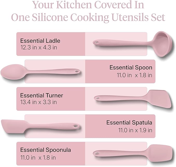 GIR 5-Piece Silicone Kitchen Utensils Set, Non-Toxic Cooking Utensils for Cooking and Baking, Heat Resistant, Food Grade, Dishwasher Safe Rubber Spatula, Ladle, Spoon - Rose