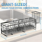 Aurblozen Extra Large Extendable Sponge Holder for Kitchen Sink, Rustproof Sink Caddy Organizer with High Brush Holder, Dish Soap Dispenser Organizers and Storage (Gray)