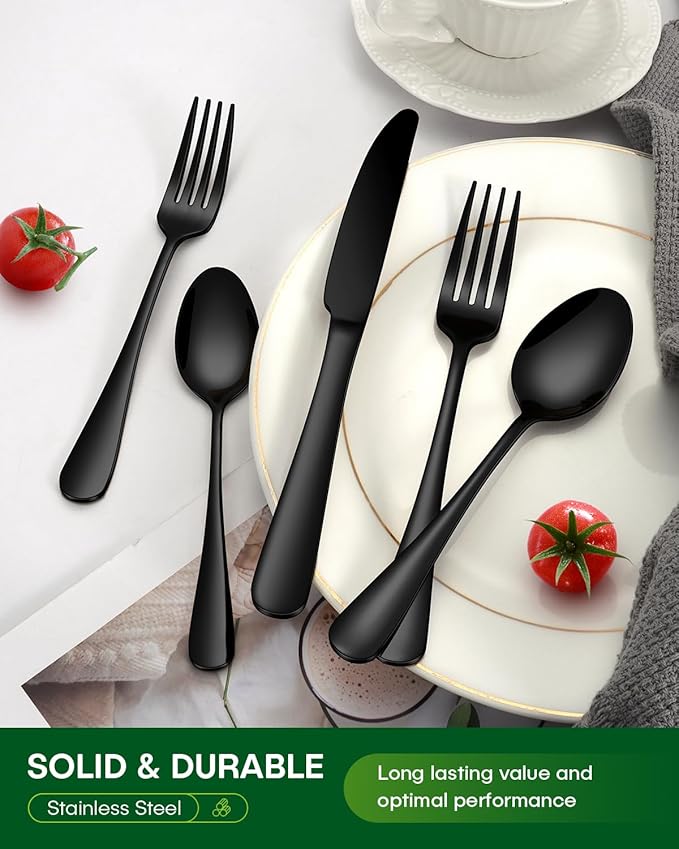 40 Piece Black Silverware Set, Stainless Steel Flatware Set for 8 Food Grade Cutlery Utensil Set Include Knife Fork Spoon Mirror Polished Dishwasher Safe