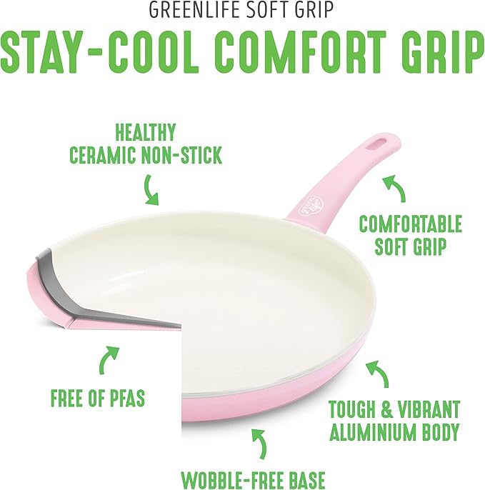 GreenLife Non Stick Fry Pan Set (7" & 10"), Non-Toxic PFAS-Free Ceramic Skillets, Dishwasher & Oven Safe, Egg Omelet Frying Pans, Stay- Cool Handles, Kitchen Home Cooking Essentials, Pink