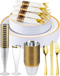 Goodluck 320PCS Gold Disposable Plastic Dinnerware Set for 40 Guests, Include 40 Dinner Plates, 40 Dessert Plates, 40 Napkins with Silverware, 40 Cups, 40 Champagne Glasses, for Christmas, Wedding