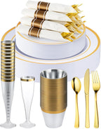 Goodluck 320PCS Gold Disposable Plastic Dinnerware Set for 40 Guests, Include 40 Dinner Plates, 40 Dessert Plates, 40 Napkins with Silverware, 40 Cups, 40 Champagne Glasses, for Christmas, Wedding