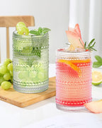 Large Capacity Glasses Drinking Set of 12, 15 oz Vintage Glassware Hobnail Glass Cups sets for Kitchen, Embossed Cocktail Glasses Set with Straws, for Beer, Juice, Cocktail, Whiskey, Milk