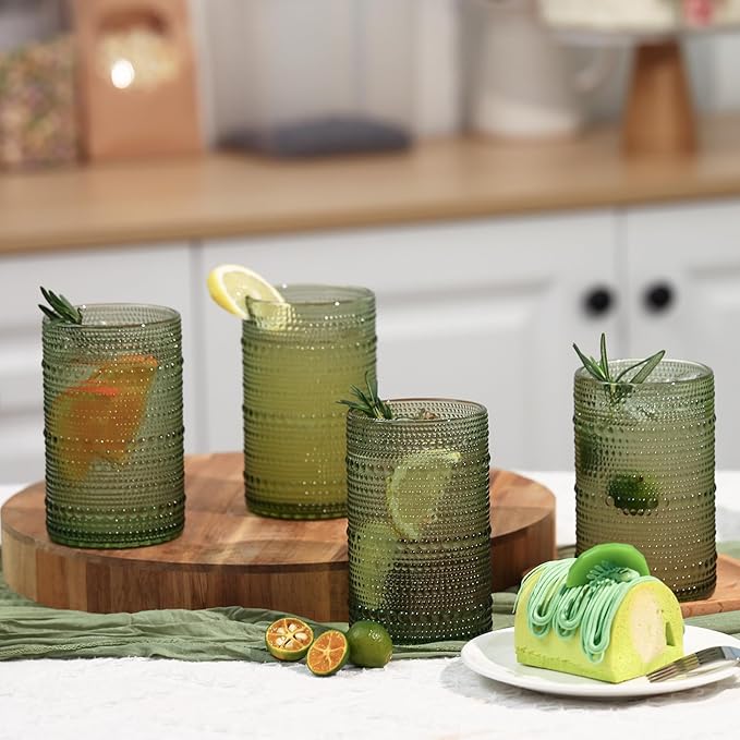 Moretoes Large Hobnail Drinking Glass Set of 12,15oz Green Vintage Glassware,Embossed Glass Cups,Water Tumbler,Highball Glasses For Beer, Juice And Various Mixed Drinks
