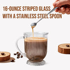 Large Ribbed Glass Coffee Mugs Set of 4,16 Oz Clear Espresso Mugs with Spoon, Glass Diner Cups with Handle Diner Latte Cup with Footed Base for Hot Beverages,Cappuccino Cups, Stylish Drinkware