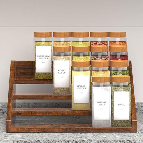 4 Step Spice Rack Organizer for Cabinet, Robust Wooden Display Riser Shelf Seasoning Organizer for Countertop Cupboard Pantry, Condiment Jar Kitchen Storage Holder Super Sturdy Stand, Rusitc Brown