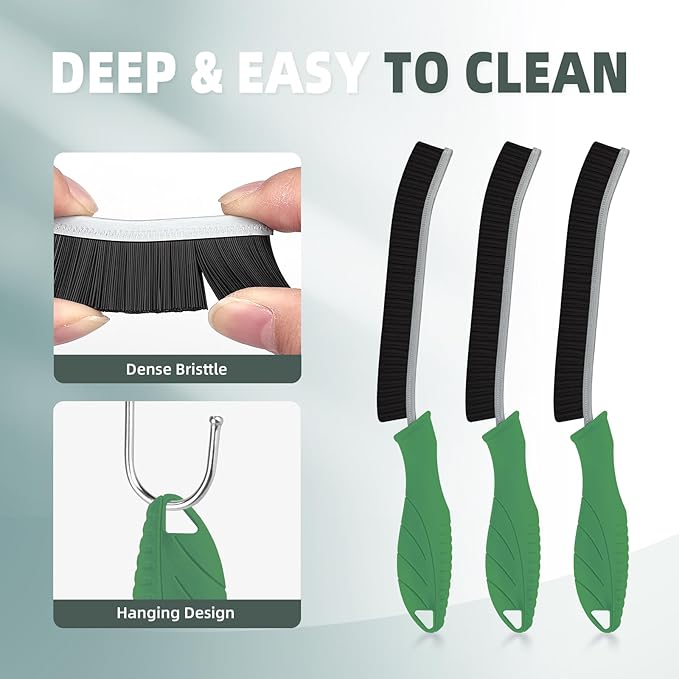FOOGWEE Hard Bristle Crevice Cleaning Brush - Cleaning Supplies - Household Crevice Cleaning Tools - Multi-Purpose Crevice Brushes for Kitchen, Toilet, Window, Vehicle, Faucets, Grout (3, Green)