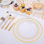 WELLIFE 350PCS Clear-Gold Plastic Plates - 100 Disposable Plates, 150Plastic Silverware, 50 Cups, 50 Napkins for Wedding & Party