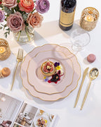 bUCLA 180PCS Pink Plastic Plates - Pink with Gold Rim Disposable for Party Include 30 Each (Dinner & Dessert) Plates, 30 Knives, 30 Forks, 30 Spoons, 30 Cups for Wedding, Birthday & Mother's Day