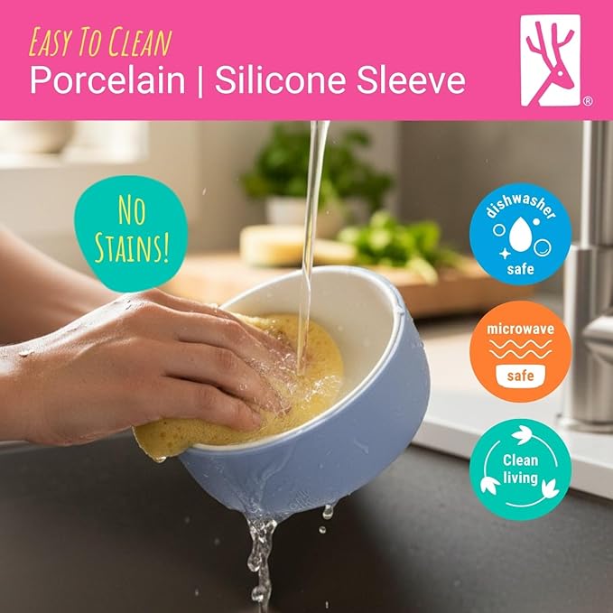 Elk and Friends Kids Porcelain Bowls with Silicone Sleeves | Suitable for Babies/Toddlers | Microwave & Dishwasher Safe | Non Slip Dinnerware | Snack Dishes | 2 Pack