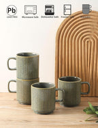 Coffee Mugs Set of 4, Ceramic Ribbed Tea Coffee Cups with Handle, Large Porcelain Mug for Americano, Latte, Cappuccino, Hot Chocolate, Green