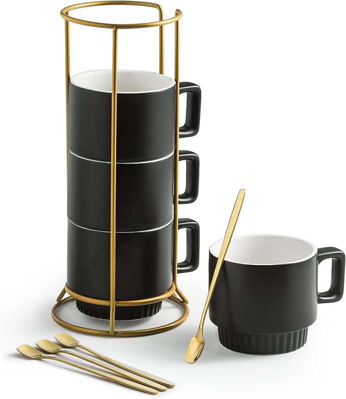 Miamolo Stackable Coffee Mugs with Stand, 11oz Ceramic Latte Cup Set of 4 for Espresso Cappuccino Tea Hot Cocoa, Dishwasher & Microwave Safe, Black