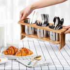 Lyellfe Silverware Holder for Countertop, Stainless Steel Cutlery Utensil Organizer with Bamboo Stand, Flatware Holder for Spoon, Fork, and Knife