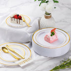 Goodluck 350 Pieces Gold Dinnerware Set for 50 Guests, Plastic Plates Disposable for Party, Include: 50 Gold Rim Dinner Plates, 50 Dessert Plates, 50 Paper Napkins, 50 Cups, 50 Gold Silverware Set