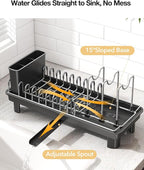 Small Dish Drying Rack Carbon Steel Dish Rack Rustproof for Kitchen Counter Compact Dish Drainer with Adjustable Slots for Small Kitchens & Apartments 16.5×6.5×7inch Black