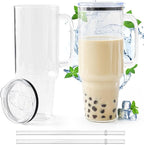 Glass Cups with Lids and Straws 40 oz Glass Tumbler with Straw and Lid 2 Pack Glass Tumbler with Handle Wide Mouth Iced Coffee Cups for Smoothies, Soda, Tea, with Acrylic Lids