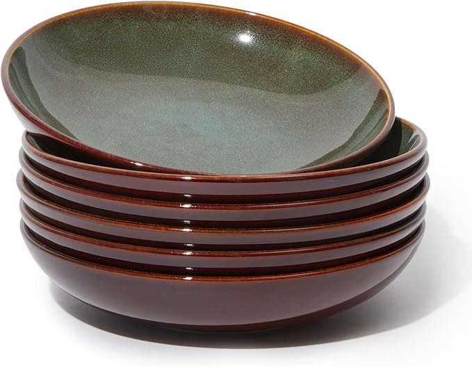 Pokini Stoneware Pasta Bowls Set of 6, 8.75 Inch Ceramic Bowl Set 32 Oz, Microwave & Dishwasher Safe Bowl Plates, Large Salad Bowl for Serving Soup, Pasta, Noodle, Dinner, Brown Green