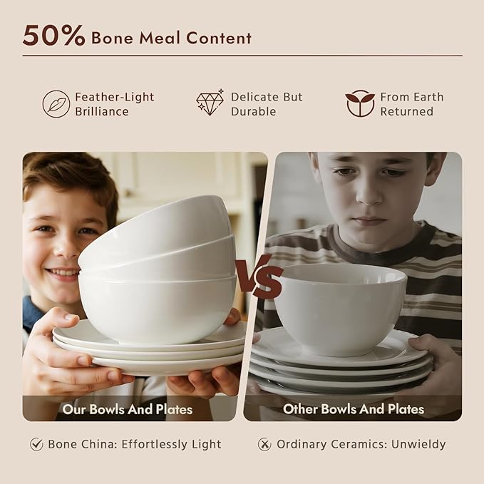 KINGSTONE 12-Piece Bone China Dinnerware Set for 4, Lightweight Porcelain Round Plates and Bowls Set, Durable Scratch Resistant Ceramic Dinner Set, Microwave & Dishwasher Safe, Ivory White