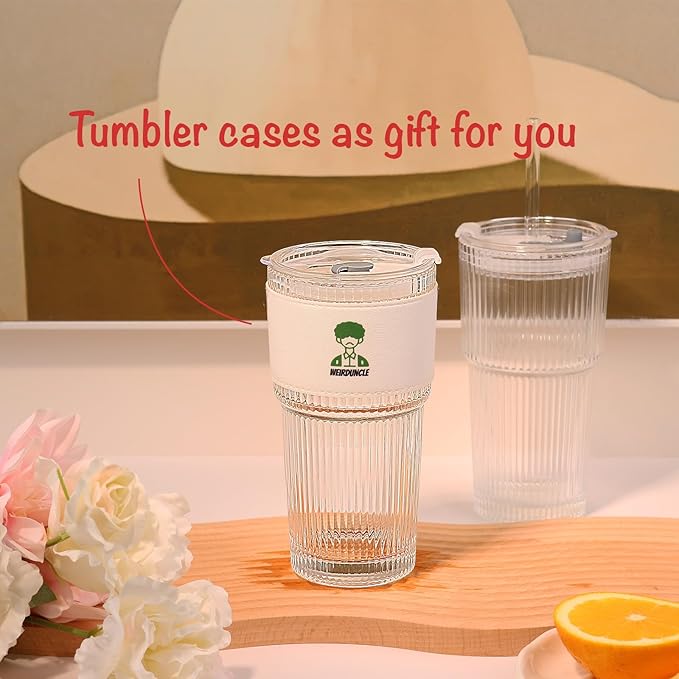 Ribbed Glass Tumbler with Lids and Straws, Vintage Clear Glass cups, Large capacity, Unbreakable, Fluted Design, Ideal for Travel, Iced Coffee,Smoothie, Tea, Latte, Gift (4pc 20oz)