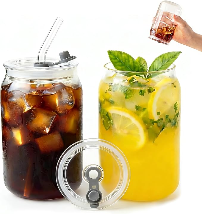Leakproof Glass Cups with Plastic Lids and Straws, 16oz Iced Coffee Cup, Drinking Glasses Tumbler for Water, Boba Tea, Smoothie - 2pcs