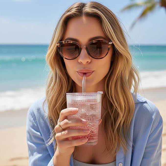 Ribbed Glass Tumbler with Lids and Straws, Vintage Clear Glass cups, Large capacity, Unbreakable, Fluted Design, Ideal for Travel, Iced Coffee,Smoothie, Tea, Latte, Gift (2pc 14oz)