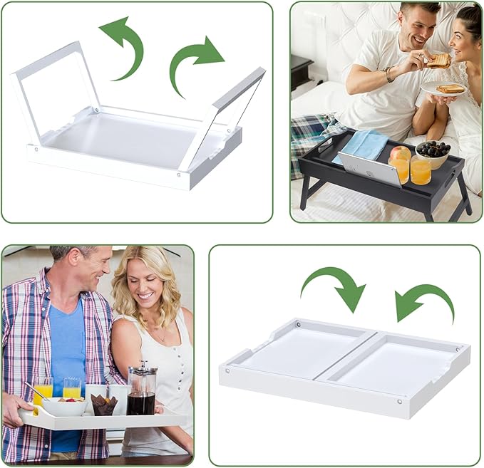 2 Pack Bed Tray Table with Foldable Legs, Bamboo Breakfast Tray for Sofa, Beds, Eating, Working, TV Table, Food, Dinner, Computer Trays, Laptop Desk Snack Folding Trays in Bed, White