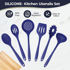Culinary Couture Blue Silicone Kitchen Utensils Set of 6, Non-Stick Heat-Resistant Silicone Kitchen Utensils Set with Steel Inner Core