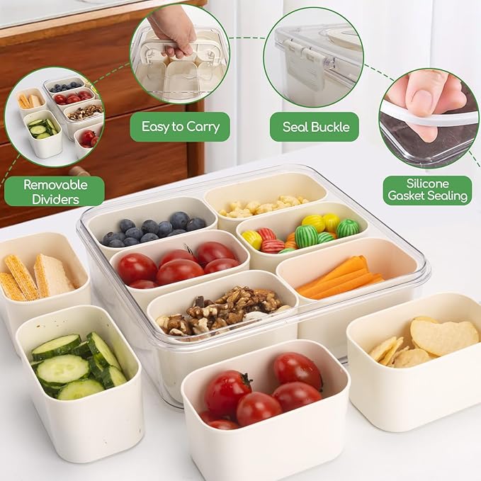 Divided Serving Tray with Lid and Handle, Portable Snack Box Container, 6 Compartments Veggie Fruit Snackle Tray,Charcuterie Box Container for Party, Travel, Entertaining,Picnic, MEDIUM SIZE