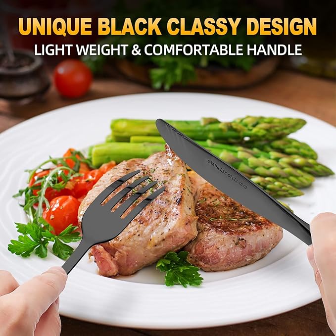 CEKEE 24 Piece Silverware Set for 4 With Steak Knives, Stainless Steel Black Flatware, Utensils, Tableware Cutlery for Home & Kitchen, Hand Wash Recommended