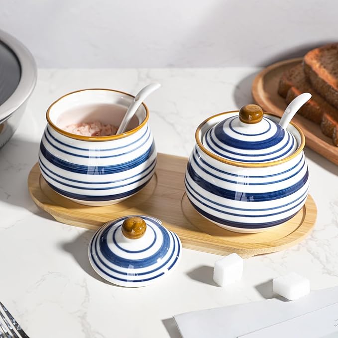 Sugar Bowl Set of 2,Ceramic Sugar Bowl with Lids and Spoon & Wooden Tray,Sugar Jars for Coffee Bars and Home Kitchens(2, Large)