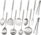 304 Stainless Steel Kitchen Utensils Set, 11PCS Metal Cooking Utensil Sets, Stainless Steel Cooking Utensils Set Include Meat Fork, Tongs, Turner, Soup Ladle, Dishwasher Safe