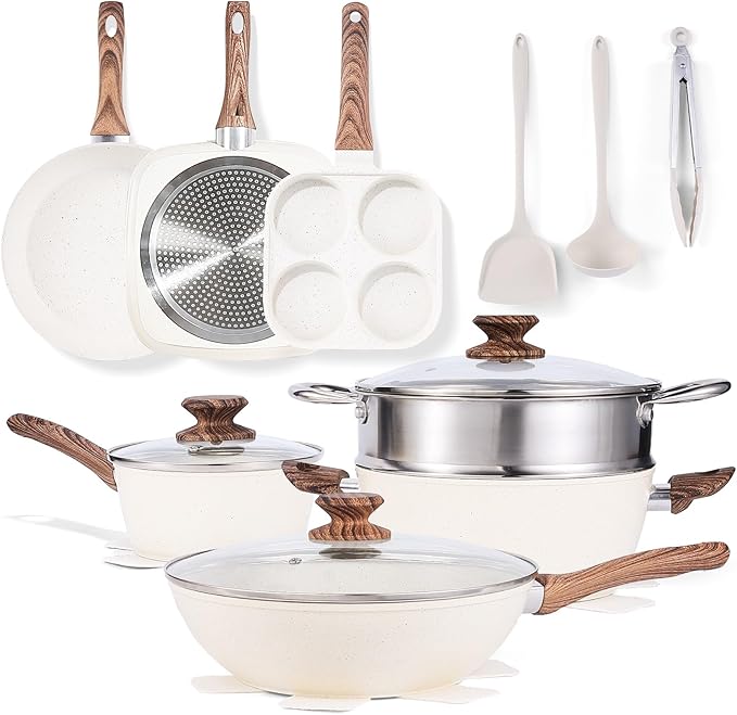NEWBULIG 17-Piece Pots and Pans Set, Nonstick Cookware Set with Detachable Stay-Cool Handle, Non toxic Induction Kitchen Cooking Set, RV Friendly, Beige