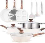 NEWBULIG 17-Piece Pots and Pans Set, Nonstick Cookware Set with Detachable Stay-Cool Handle, Non toxic Induction Kitchen Cooking Set, RV Friendly, Beige