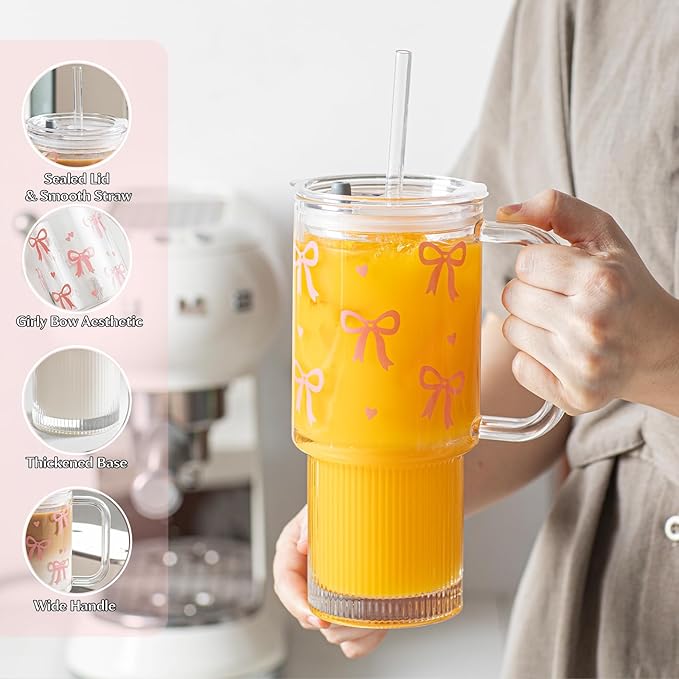 INSETLAN 26oz Cute Pink Bow Glass Cup with Lid and Straw, Girly Preppy Aesthetic Glass Tumbler with Handle, Birthday, Valentine’s & Christmas Gift for Women, Teens & Friends