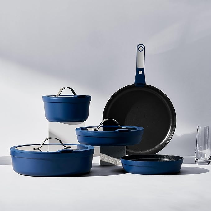 CAROTE 8Pcs Non Stick Frying Pans Set 3 Sizes(8,10,12 Inch), Kitchen Nonstick Skillets with Detachable Handle, Cooking Pan with lid, Oven Safe, Induction Cookware, Stackable Kitchen Set, Blue