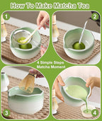 JBER Matcha Whisk Set, Ceramic Matcha Kit Includes Bowl with Spout, Matcha Whisk (Chasen) and Holder, Sifter, Scoop, Spoon & Rest - 7PCS Matcha Set for Matcha Lovers Ceremony, Gradient Light Green