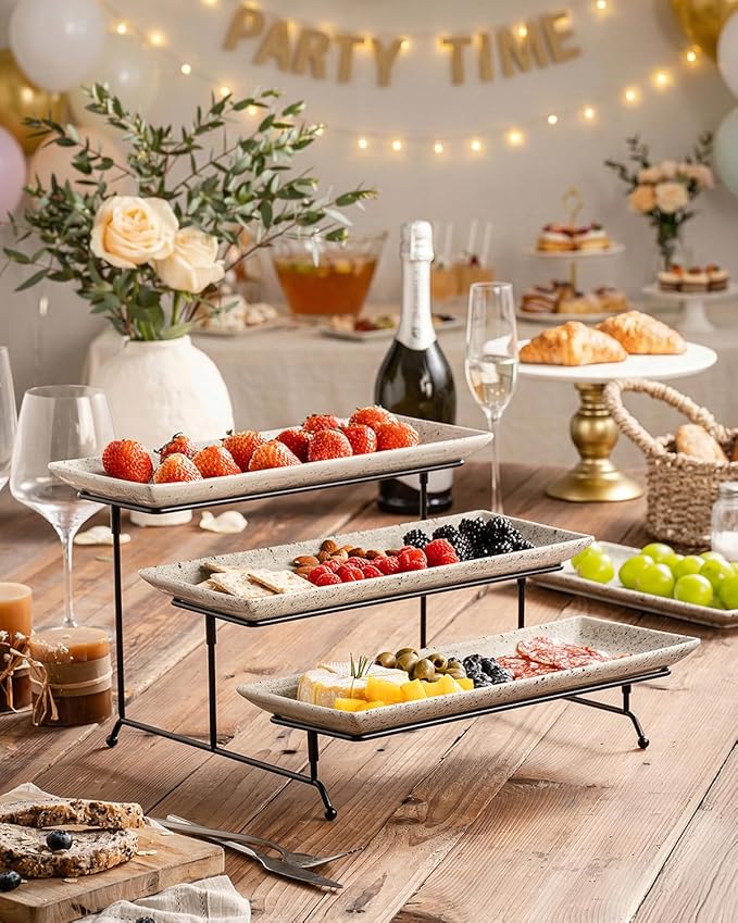 LAUCHUH 3 Tier Serving Trays for Party, 14 inch Porcelain Tiered Tray Stand Serving Platter with Collapsible Sturdier Rack Serving Dishes for Mother's Day Entertaining, Speckled Glaze