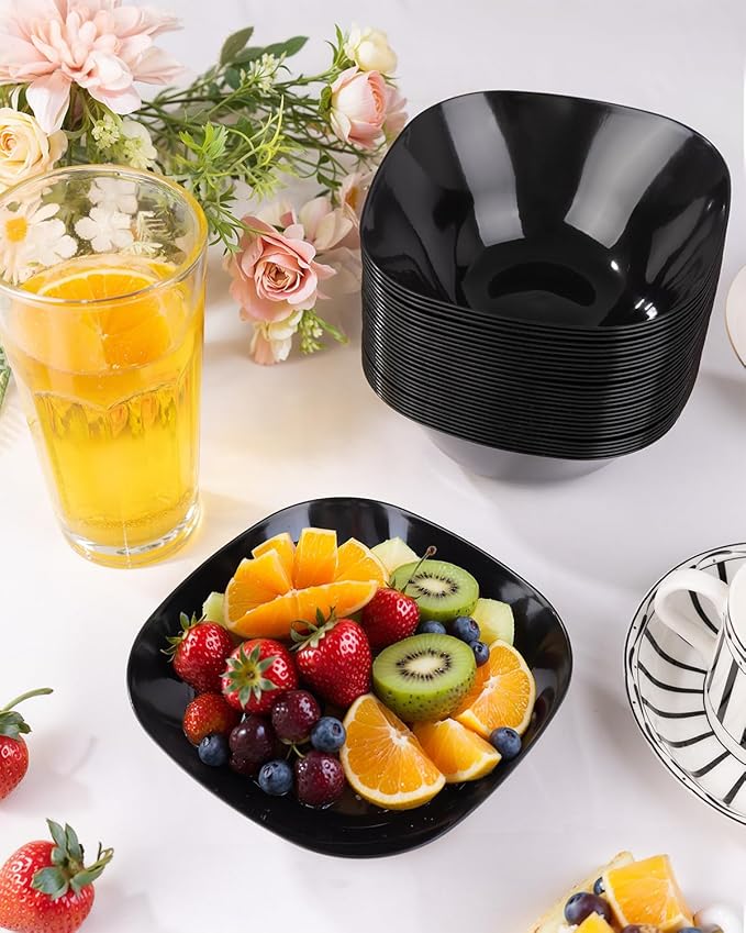 bUCLA 50Pack Black Plastic Serving Bowls - 16oz Disposable Serving Bowls for Dessert/Ice Cream/Salsa/Snack/Candy, Ideal for Party & Graduation