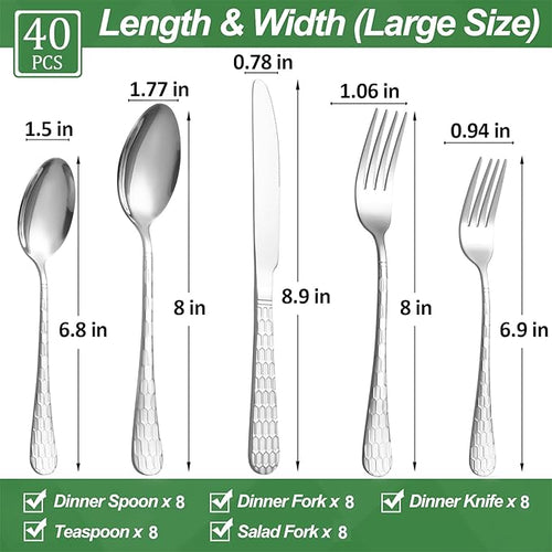 40 Pcs Silverware Set for 8 with Water Cube Handle design, Food Grade Stainless Steel Flatware Set, Eating Utensils Sets Include Fork/Knife/Spoon, Reusable Cutlery Set, Dishwasher Safe