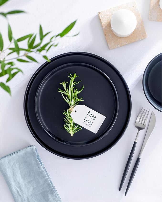 24 Piece Black Dinnerware Set for 8 | Matte Black Plates and Bowls Sets, Modern Stoneware Black Dishes Set | Scratch Resistant, Dishwasher & Microwave Safe | Matte Black Finish Ultra-Chic & Modern