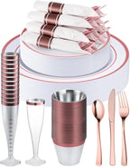 Goodluck 320PCS Rose Gold Disposable Plastic Dinnerware Set for 40Guests, Include 40 Dinner Plates, 40 Dessert Plates, 40 Napkins with Silverware, 40 Cups, 40 Champagne Glasses, for Christmas, Wedding