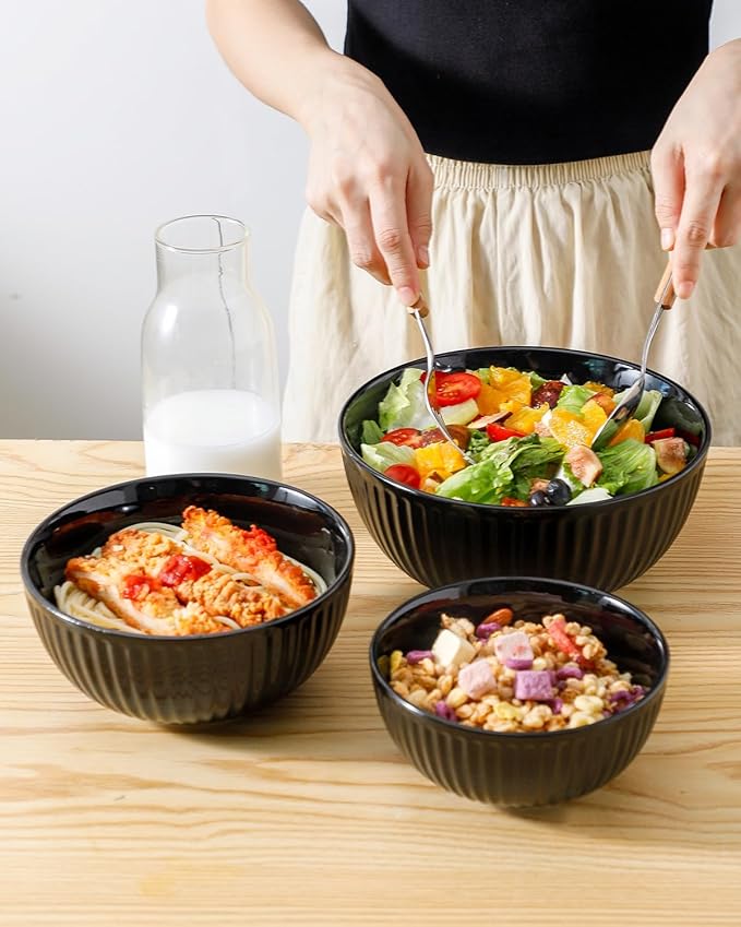 HASENSE Small Mixing Bowls of 3, Porcelain Ribbed Black Bowls 1.5/1/0.5 Qt For Kitchen, Cooking, Baking and Serving Prep Bowls for Salad, Pasta, Modern Kitchen Dish Dishwasher & Microwave Safe