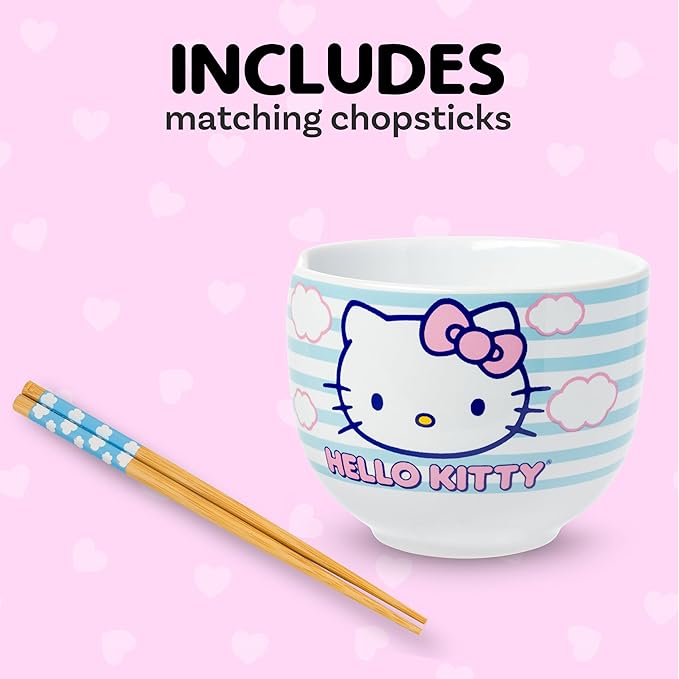 Silver Buffalo Sanrio Hello Kitty Blue and Pink Skies Ceramic Ramen Noodle Rice Bowl with Chopsticks, Microwave Safe, 20 Ounces