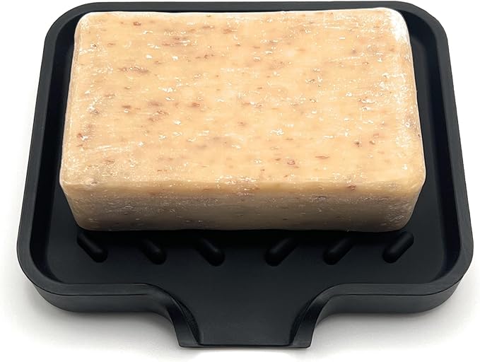 Happitasa Silicone Soap Dish Tray and Sponge Holder with Drain Chute and Feet | 3-Way Sloped Design | Bathroom and Kitchen Sink Organizer Caddy (Smoky Blue, 5"x4", 3.5 Ounces)