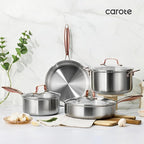 CAROTE 3-Piece Tri-Ply Stainless Steel Frying Pan Set, Skillet Set 8"/10"/12", Induction Compatible, Oven & Dishwasher Safe, Gold Handle